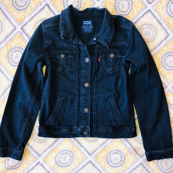 𝅺EUC Girls Large (12/13yrs) Levi’s Dark Blue Trucker Jean Jacket - Picture 1 of 9